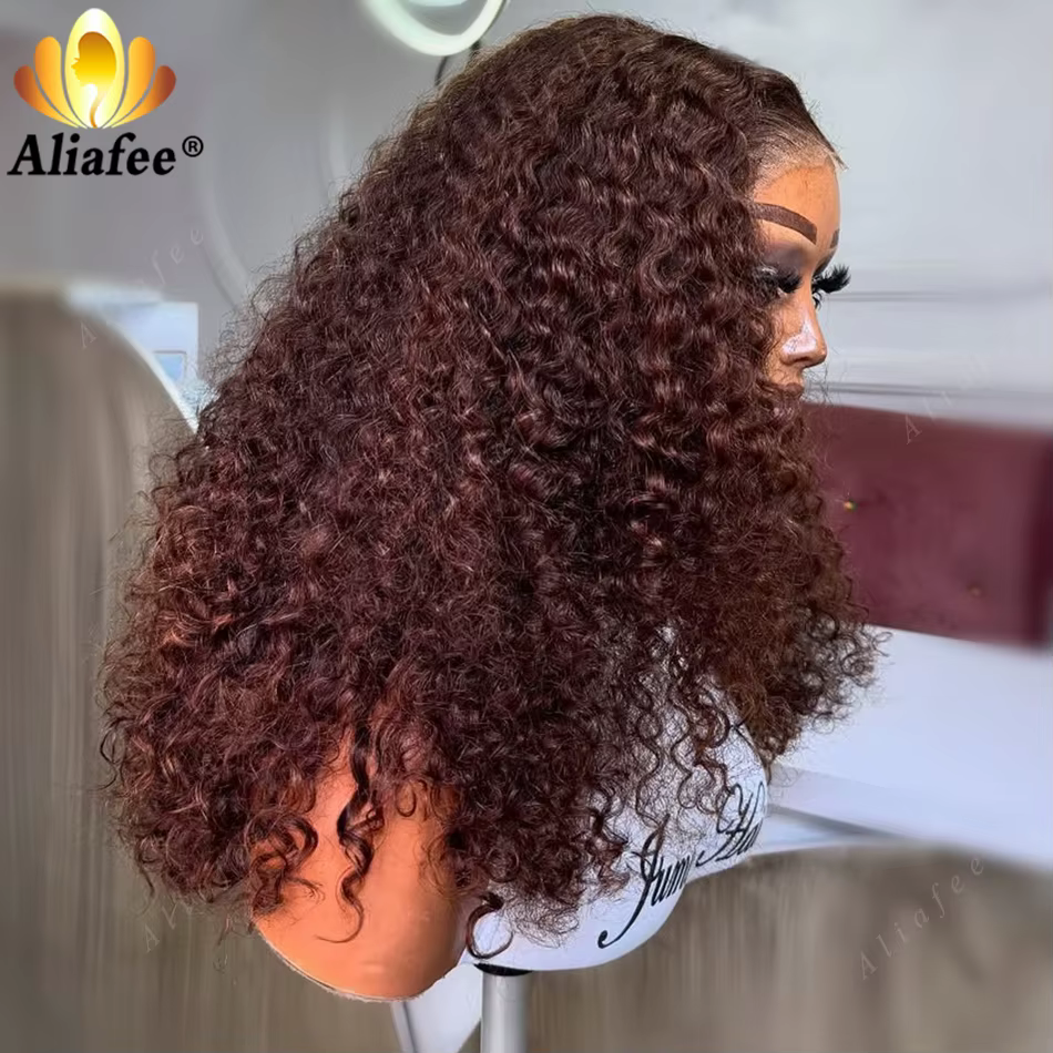 Perruques de cheveux humains bouclés de couleur marron, densité 180%, perruques frontales en dentell