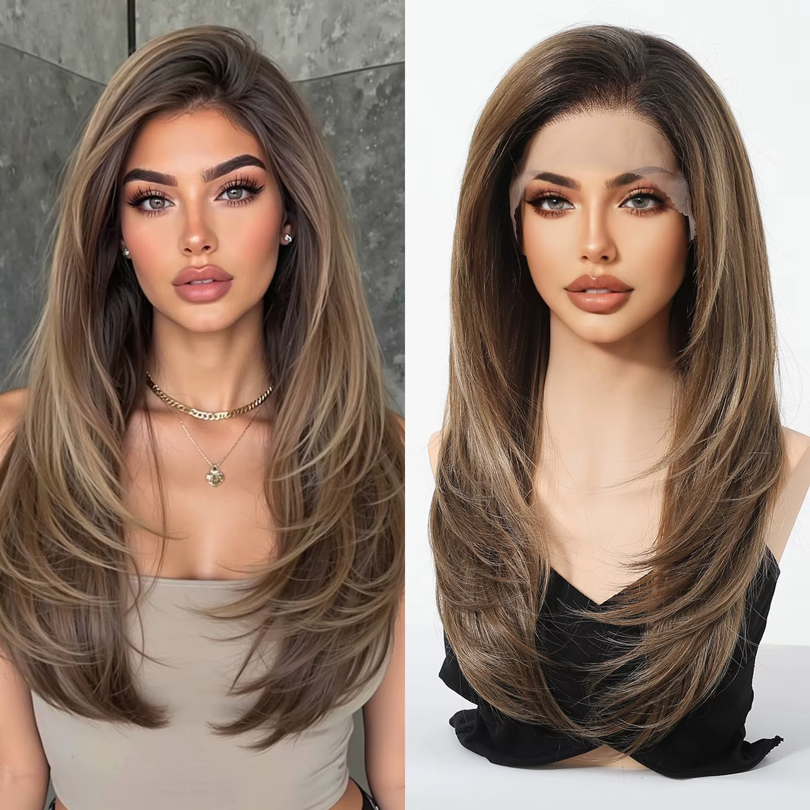 HAIRCUBE – perruque synthétique lisse mixte brune, racines foncées, naissance des cheveux naturelle,