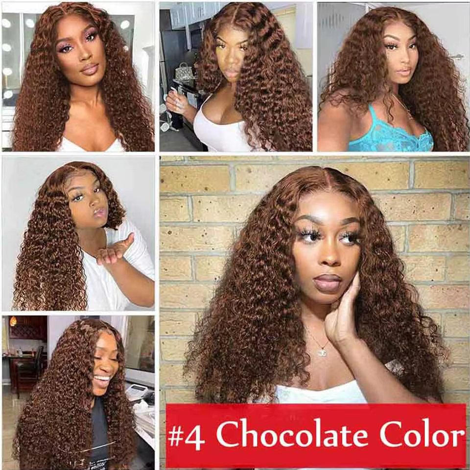 Perruque Deep Wave Lace Front Wig Remy naturelle, cheveux bouclés, brun chocolat, 13x6 HD, 13x4, 180