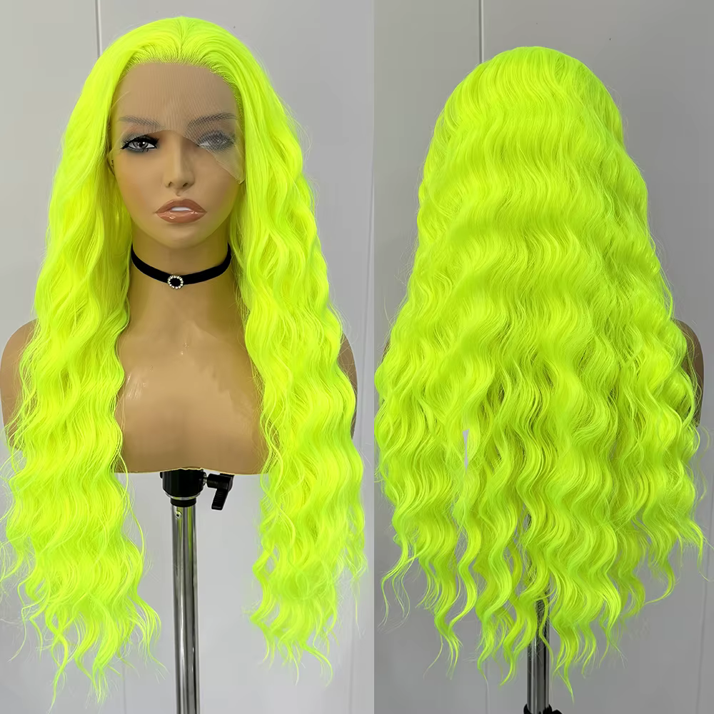 Perruque Synthétique Longue Bouclée Vert Néon pour Femme, Perruques en Dentelle Naturelle, Vert Fluo