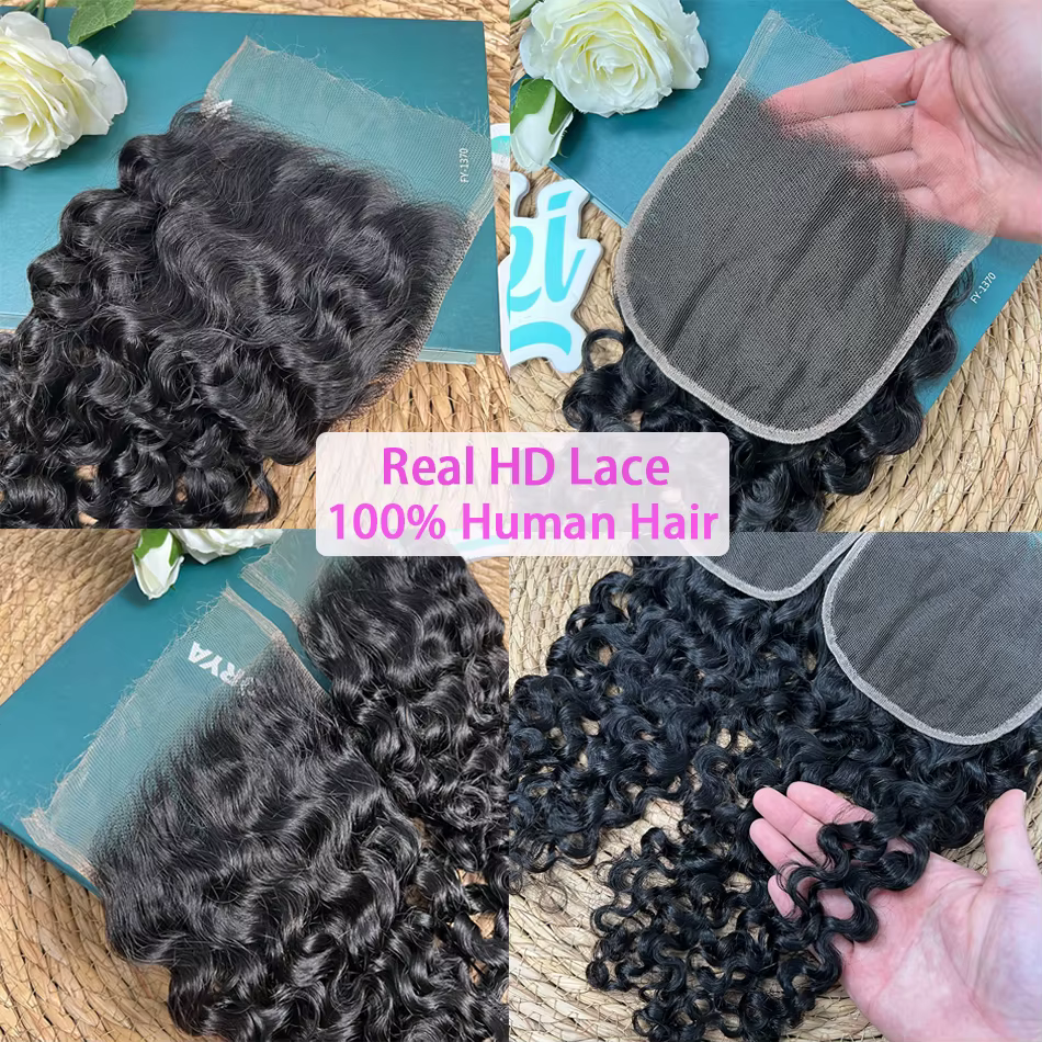Fermeture de dentelle bouclée birmane 5x5 HD 100% cheveux humains pré-épilés noeuds blanchis dentell
