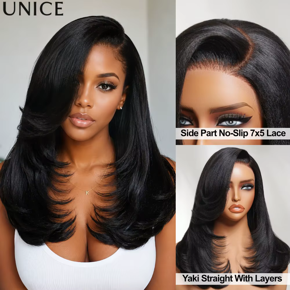 Perruque UNice sans colle, prête à porter, en cheveux humains 100%, avec dentelle 7x5, texture Yaki 