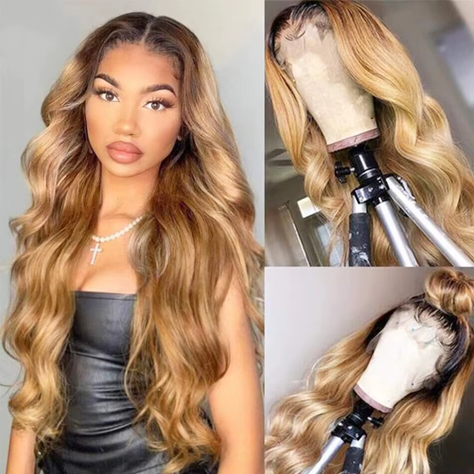 Perruque Lace Frontal Wig Body Wave naturelle, cheveux blond miel ombré, 13x4, 4x4, 180%, pour femme