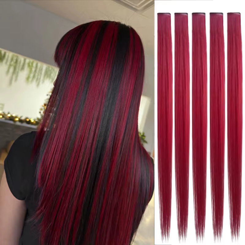 Extensions de cheveux synthétiques à clips, 5 couleurs, 24 pouces, lisses et résistantes à la chaleu