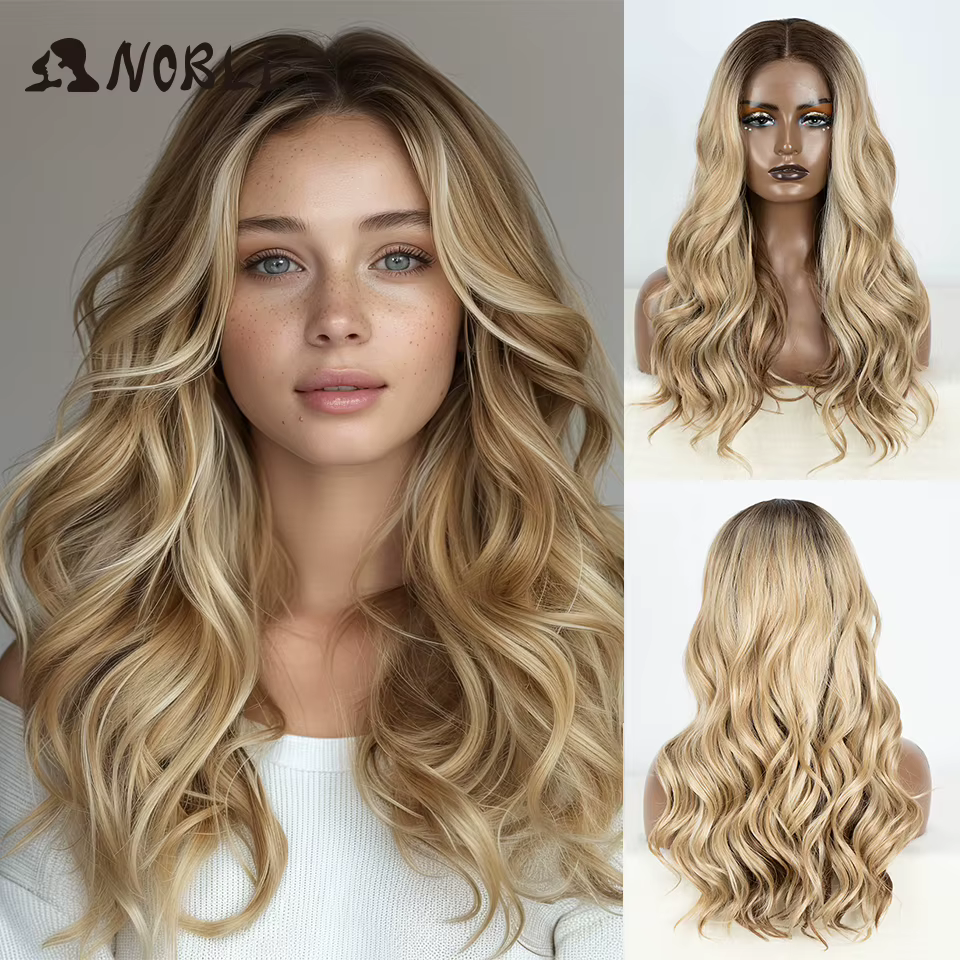 Perruque Lace Front Wig synthétique 24 pouces-Noble, perruque Lace Wig cheveux de bébé longs ondulés