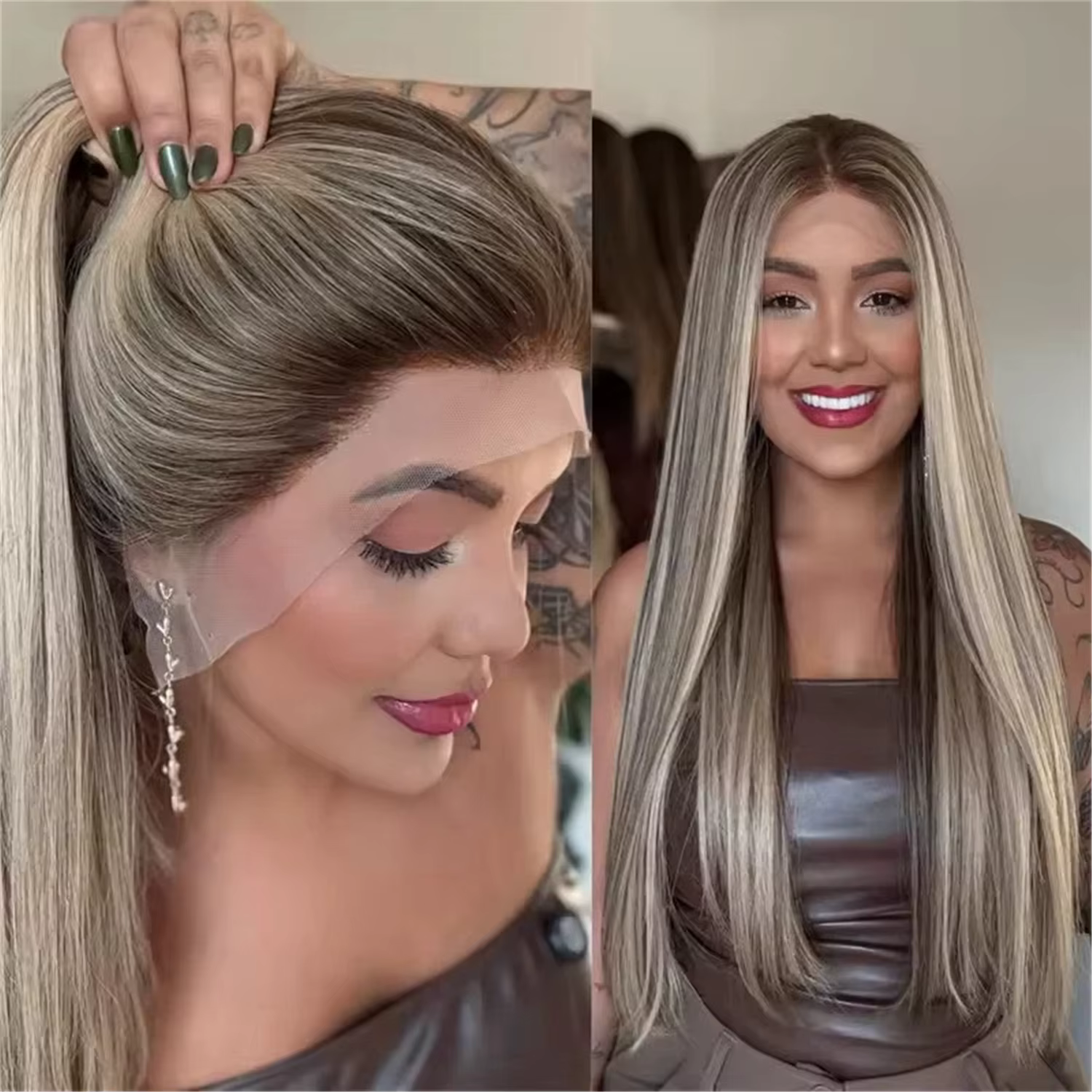 Perruque synthétique longue à dentelle, cheveux raides ombrés blond-brun, haute qualité, non nouée,