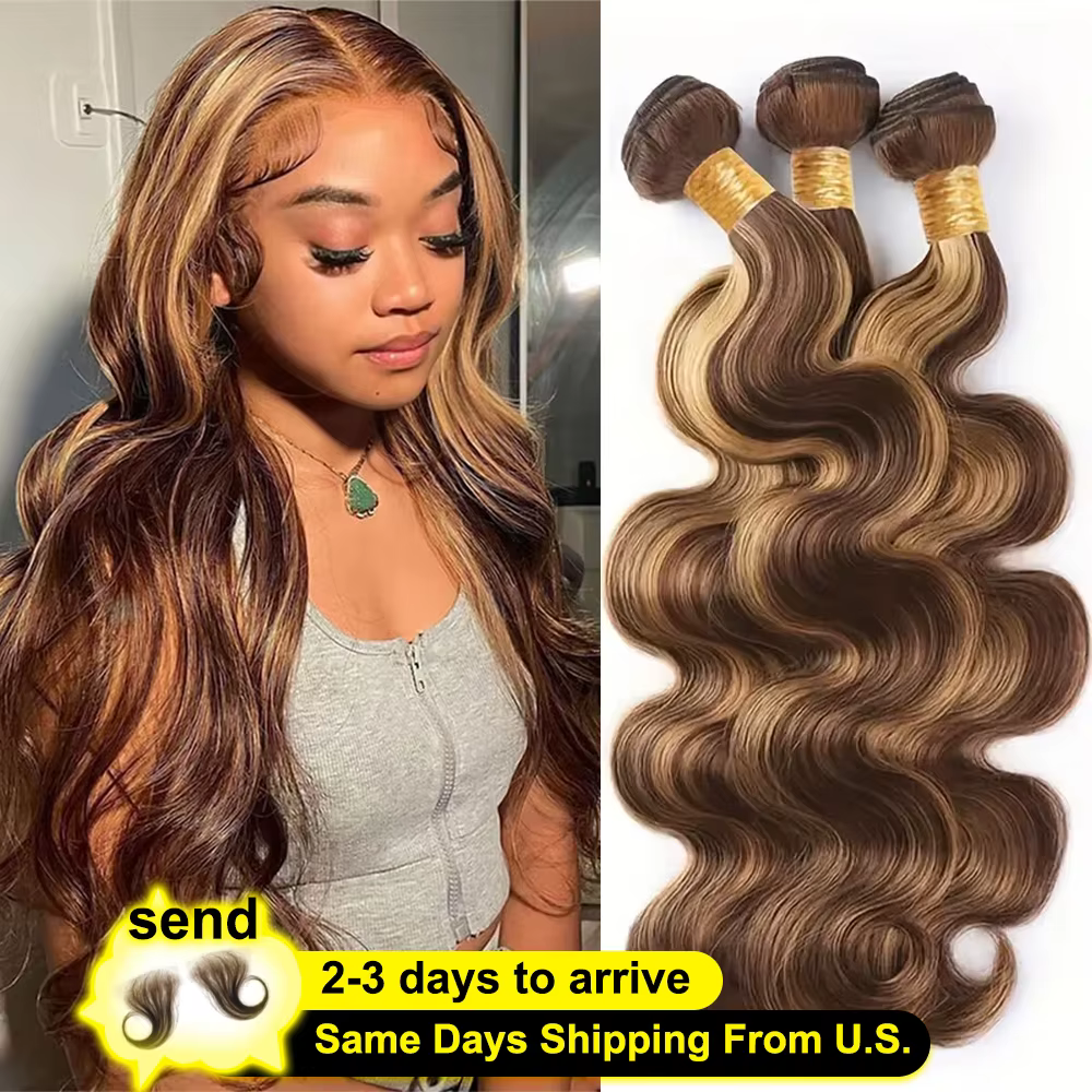 Extensions de Cheveux Humains Naturels Brésiliens Vierges, Ondulés, Ombrés, Couleur Miel Blond P4/27