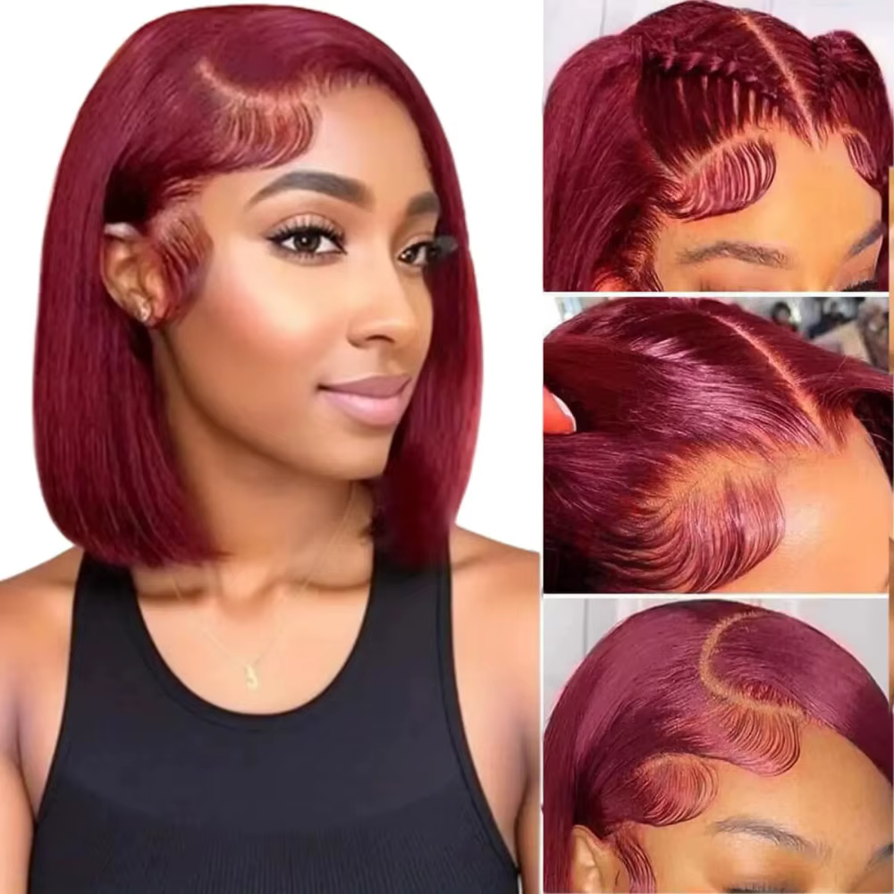 Perruque Bob 99J bordeaux lisse en cheveux humains, perruques Lace Front 13x4 HD transparentes, perr