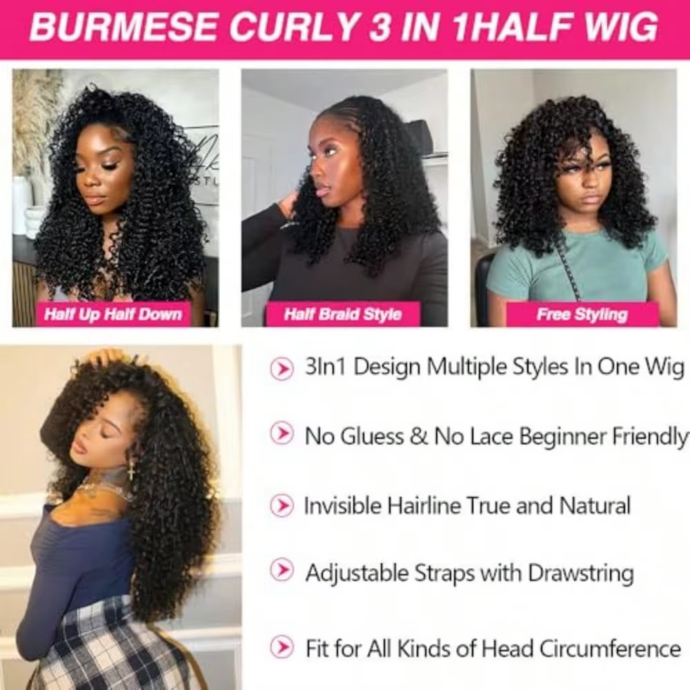 Demi-perruques densité 250 en cheveux humains Remy, perruque bandeau bouclée birmane, perruque demi-