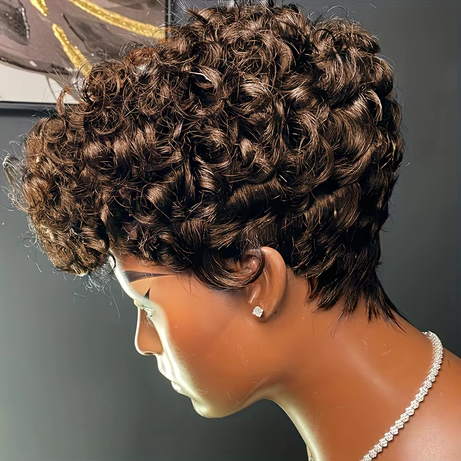 Perruque courte bouclée élégante pour femmes, avec cheveux humains ondulés et frange, bonnet en file