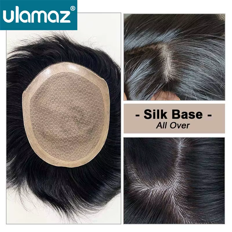 Base en soie partout pour hommes perruque sans noeud Realsitc toupet perruque hommes postiche nature
