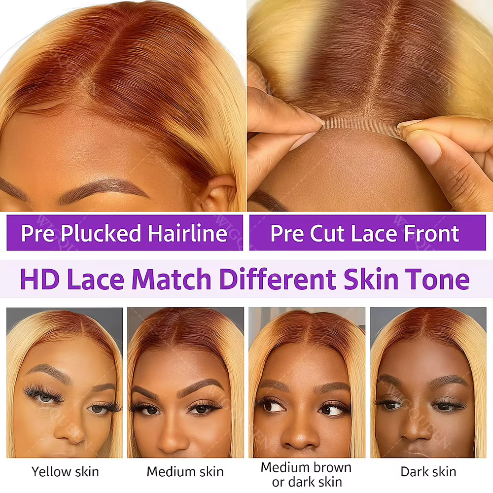 Perruque Bob Lace Front Wig naturelle lisse, cheveux courts à reflets, racines foncées, 13x4, couleu