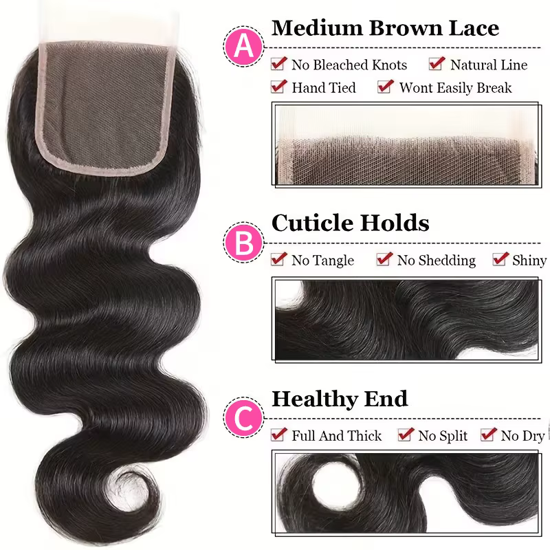 Lot de 3 Bundles de Cheveux Humains Remy avec Closure en Dentelle 4x4 et Closure en Dentelle 5x5 Bré