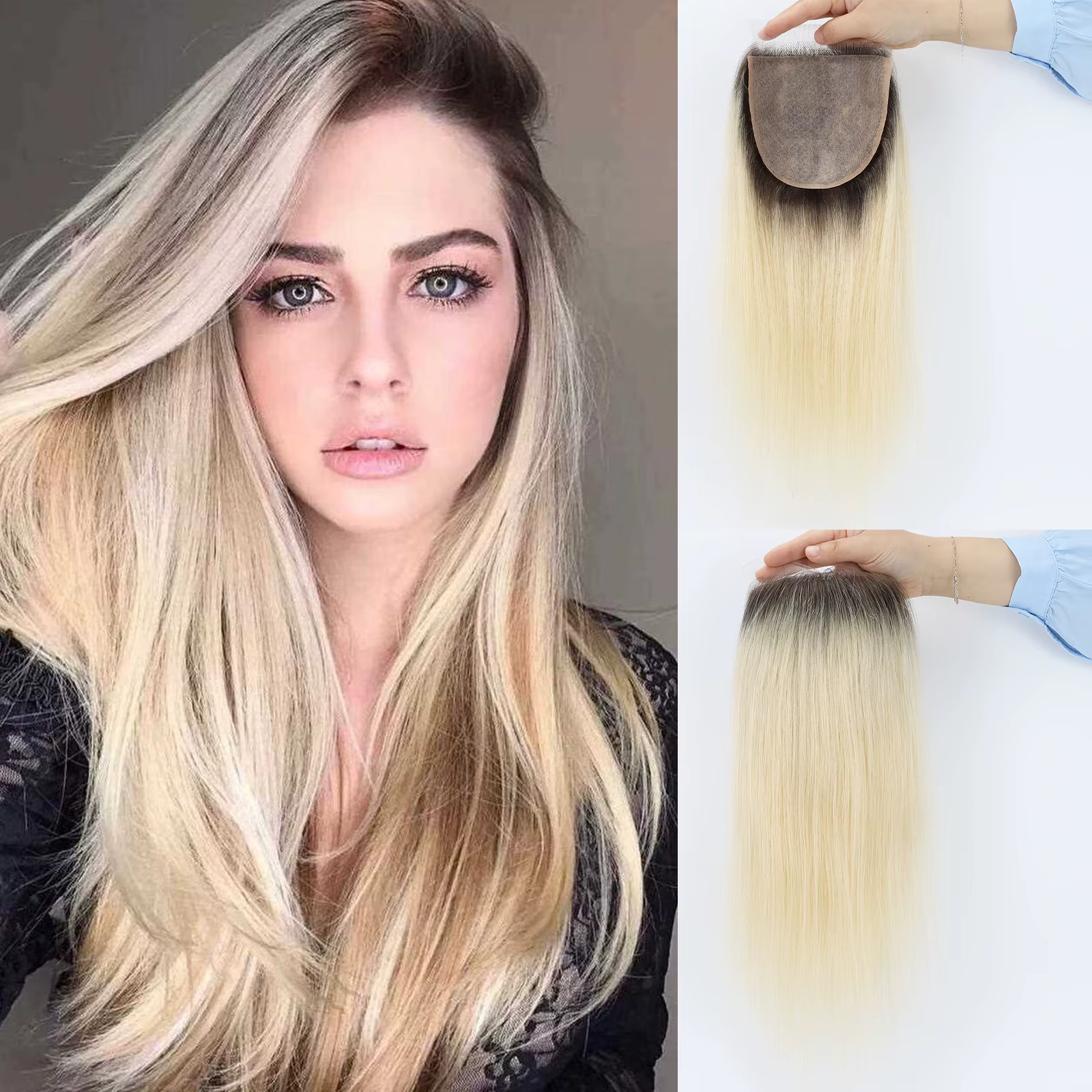 Base en Silicone fermeture à lacets Ombre blond clair en soie 5x5 pouces Topper avec ligne de cheveu