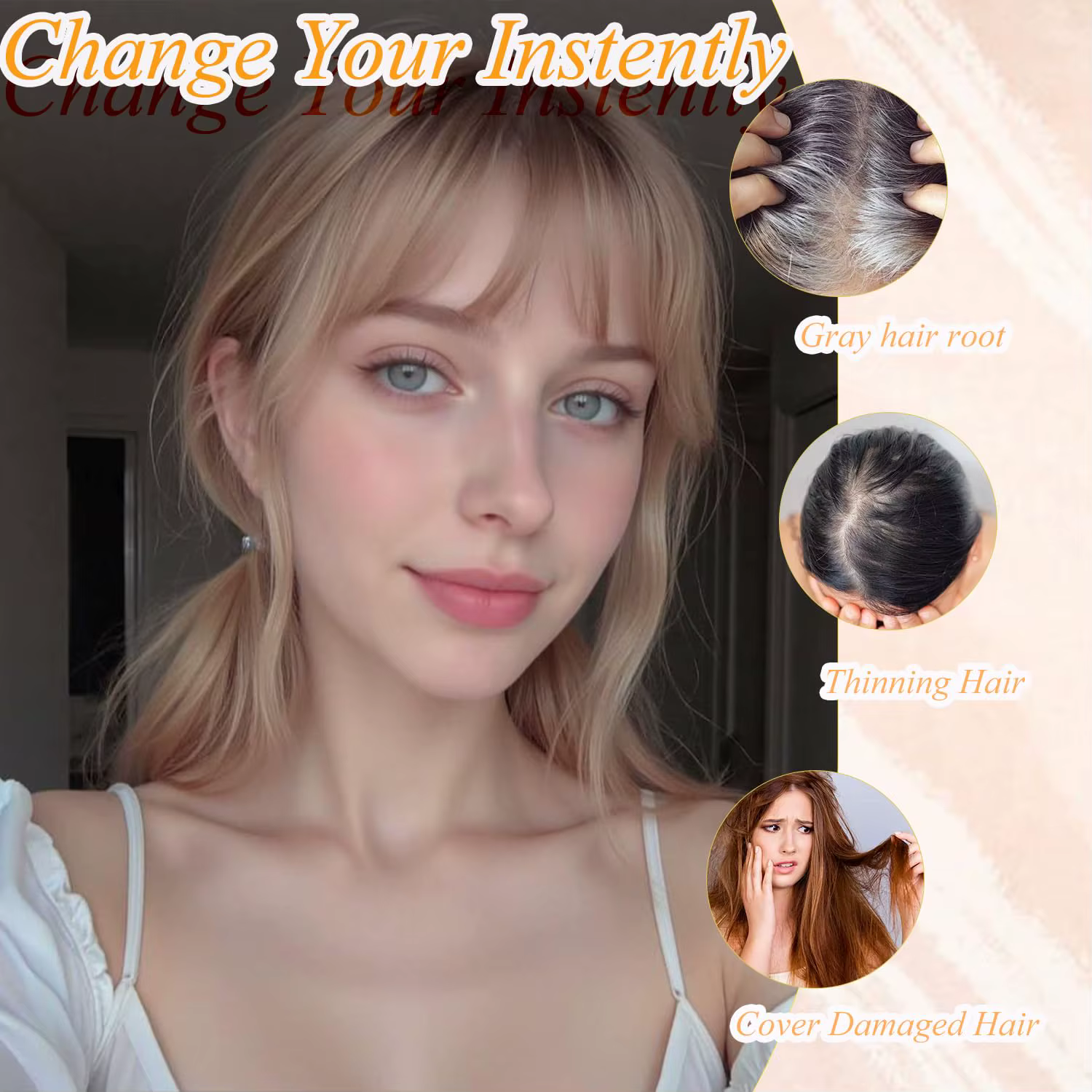 Topper pour cheveux pour femme avec frange : 3D 360 ° Morceau de cheveux synthétiques longs et lis
