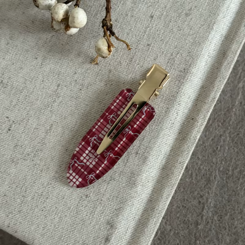Pince à cheveux à carreaux avec nœud bordeaux, acide acétique, Clip cosmétique sans trace, frange de