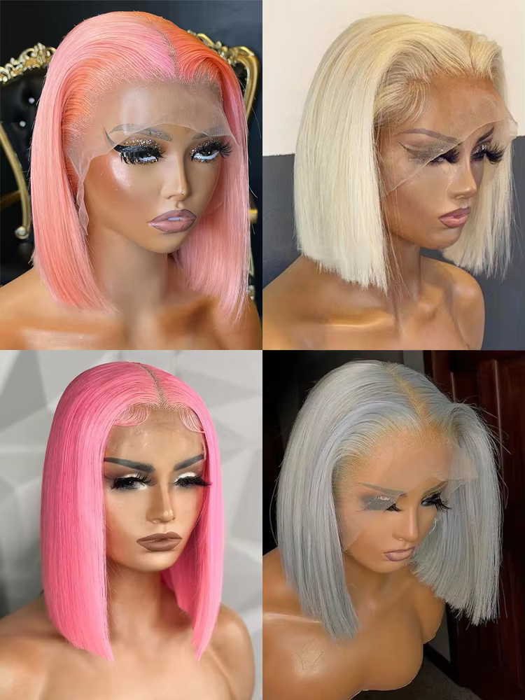 Perruque Bob brésilienne naturelle lisse, cheveux courts, couleur Rose, 13x4, Lace Front Wig transpa