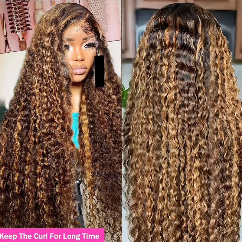 Perruque bouclée en cheveux humains blond miel, 13x4 Lace Front, Deep Wave, pré-épilée, avec dentell