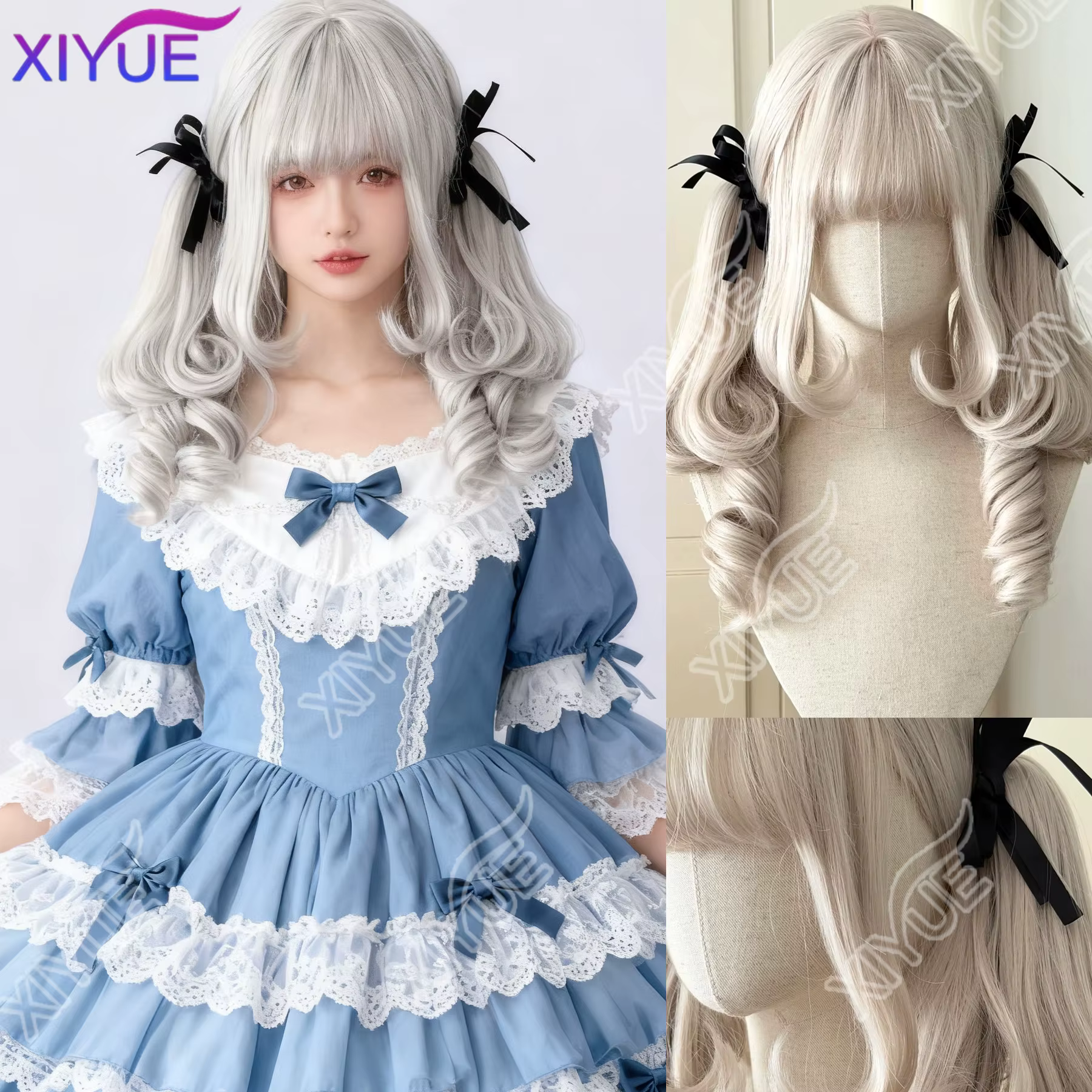 XIYUE oreilles de lapin synthétique princesse coupe Double queue de cheval Lolita perruque avec fran