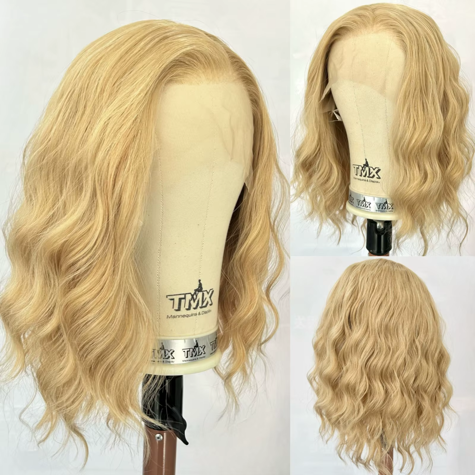 Perruque Lace Front Wig courte bouclée et ondulée à reflets blonds 13x4, naissance des cheveux pré-é