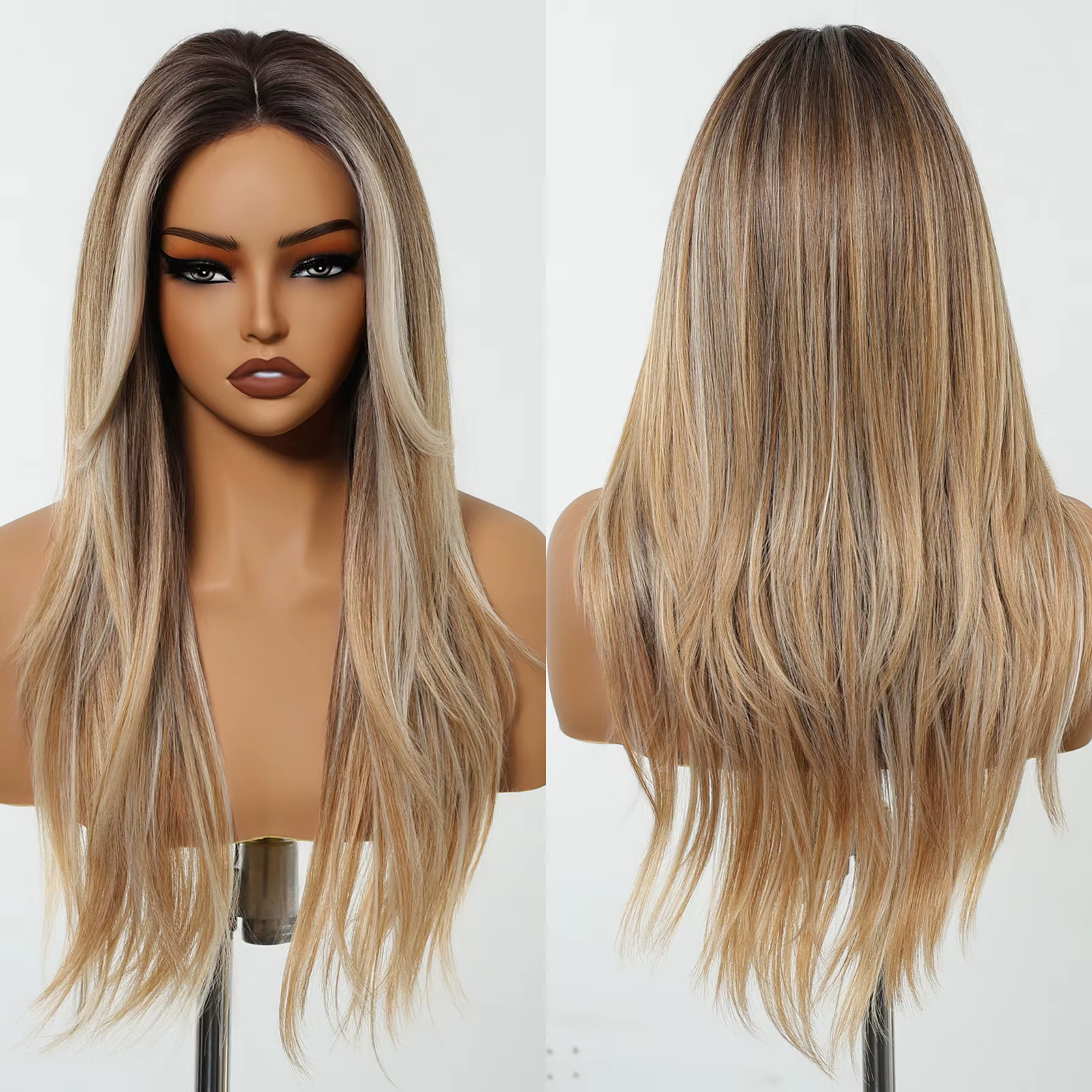 Perruque Lace Front Wig synthétique lisse et longue, perruque avec raie centrale naturelle, brune et