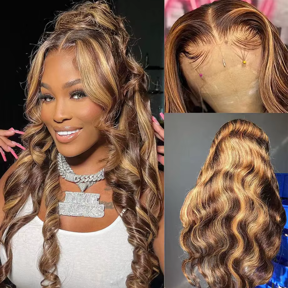 Perruque Lace Frontal Wig naturelle Body Wave à reflets, cheveux humains, 13x4, 13x6, HD, 30 pouces,
