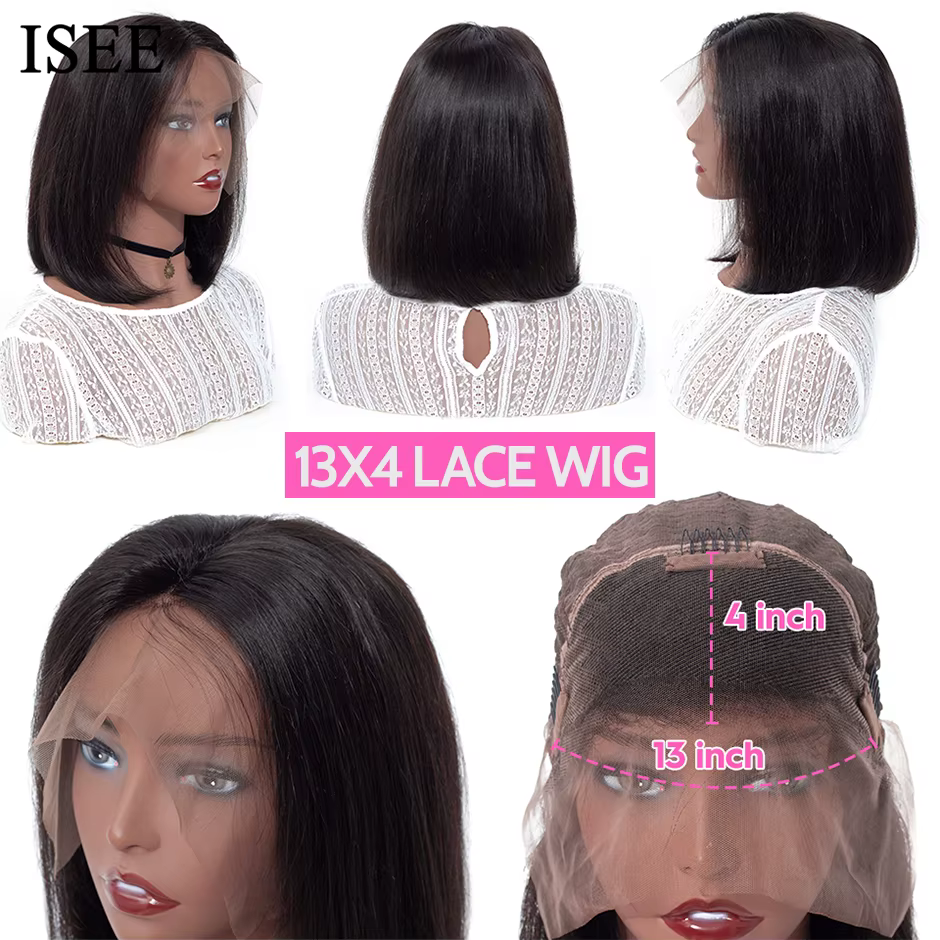 ISEE-Perruque Bob courte droite malaisienne, perruques de cheveux humains, fermeture à lacet 4x4, de