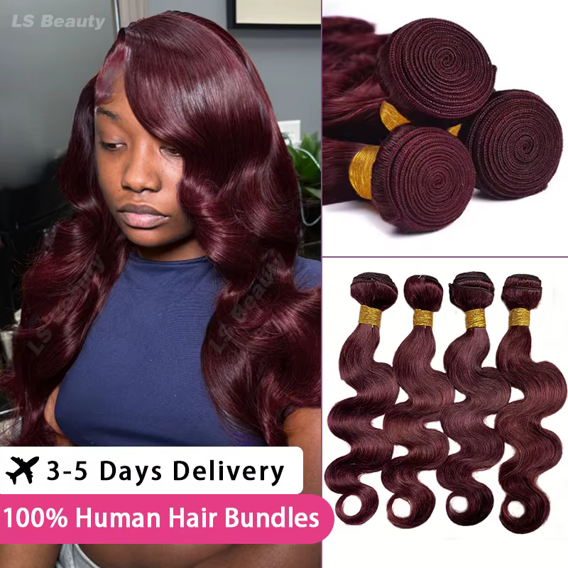 Extensions de cheveux humains 100% naturels, ondulés, couleur bordeaux 99j, 1/3/4 paquets, tissage b