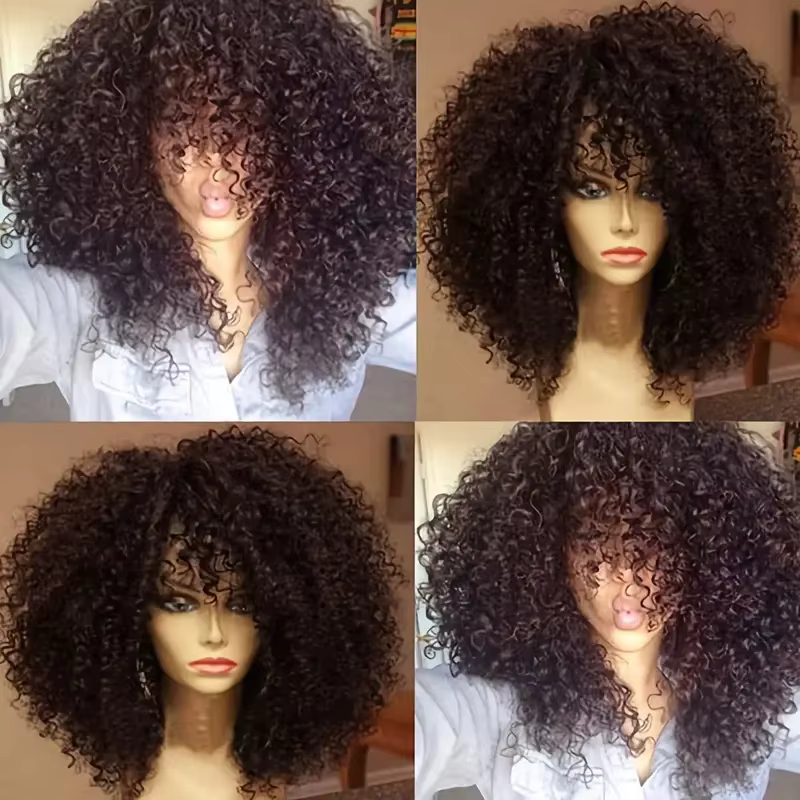 Perruques Afro crépues bouclées avec frange, 16 pouces, en Fiber synthétique douce et moelleuse, san