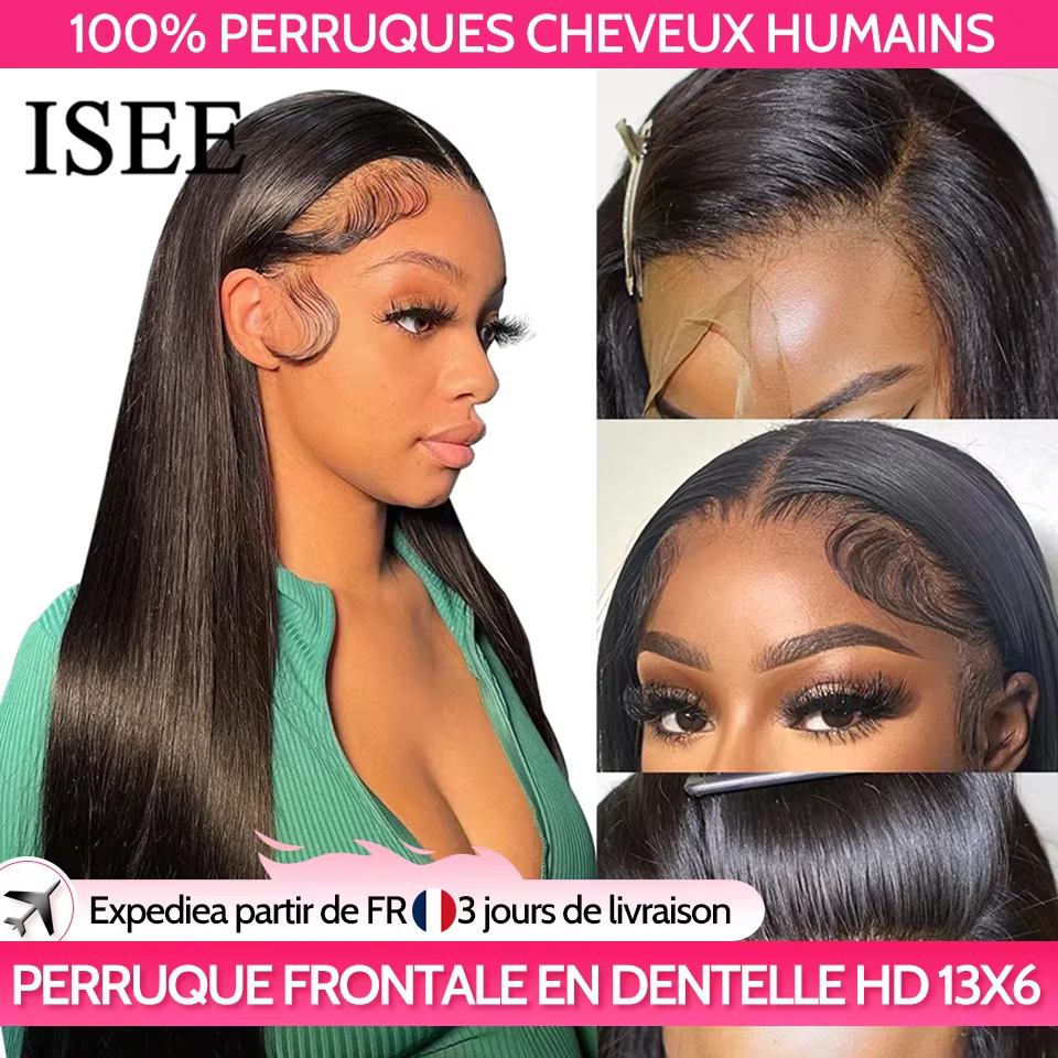ISEE-Perruque Full Lace Front Wig naturelle lisse, cheveux humains, 13x6, pre-plucked, transparente,