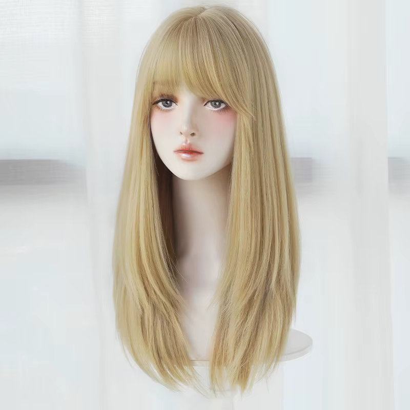 Perruques blondes en couches droites avec frange soignée, faux cheveux naturels synthétiques haute d