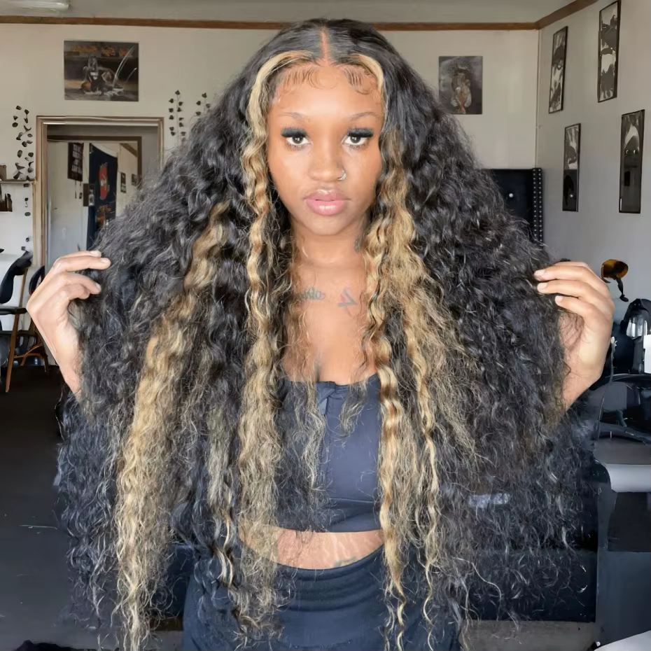 Perruque Lace Frontale 360 avec mèches blondes, effet de cadre facial, cheveux noirs avec mèches blo