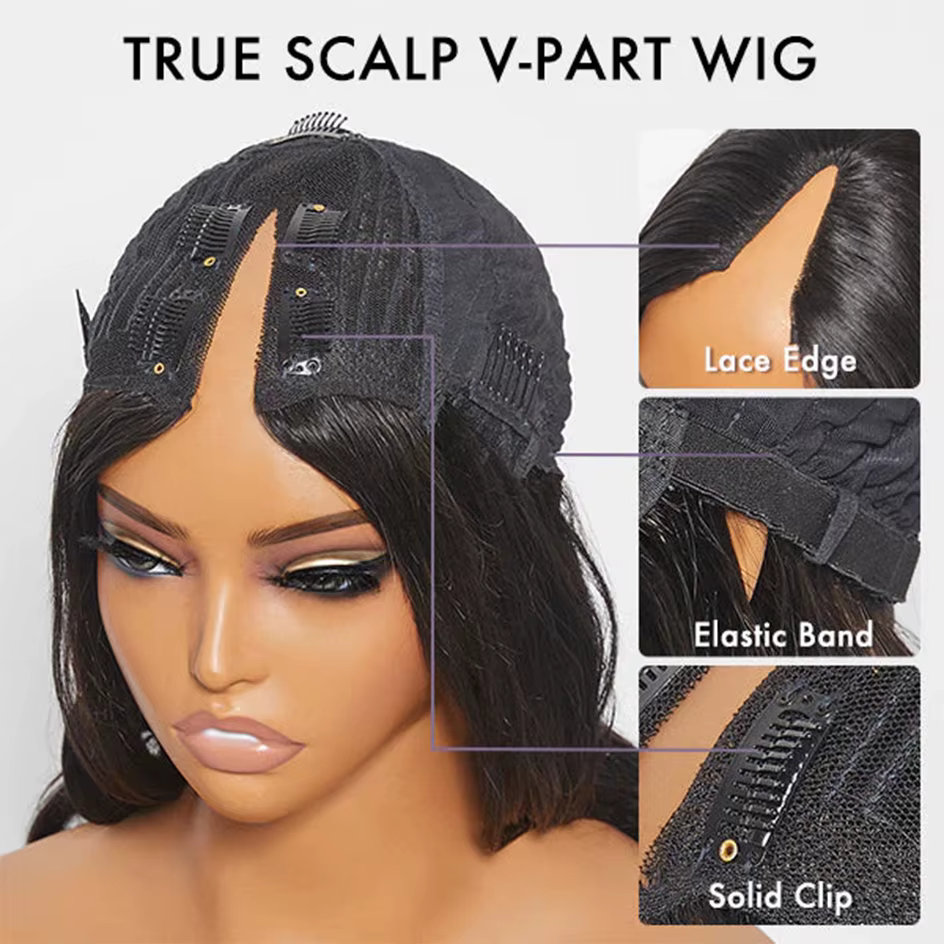 Perruque V-Part Deep Wave 40 pouces en cheveux humains, sans colle, densité 200, bouclée crépue, san