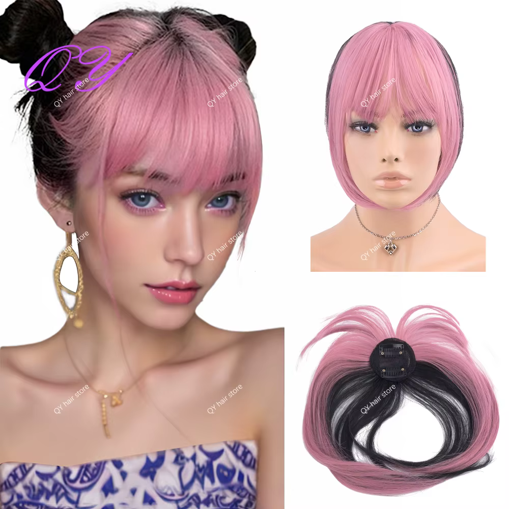 Extensions de frange synthétiques à Clip rose, faciles à porter pour les femmes, usage quotidien ou
