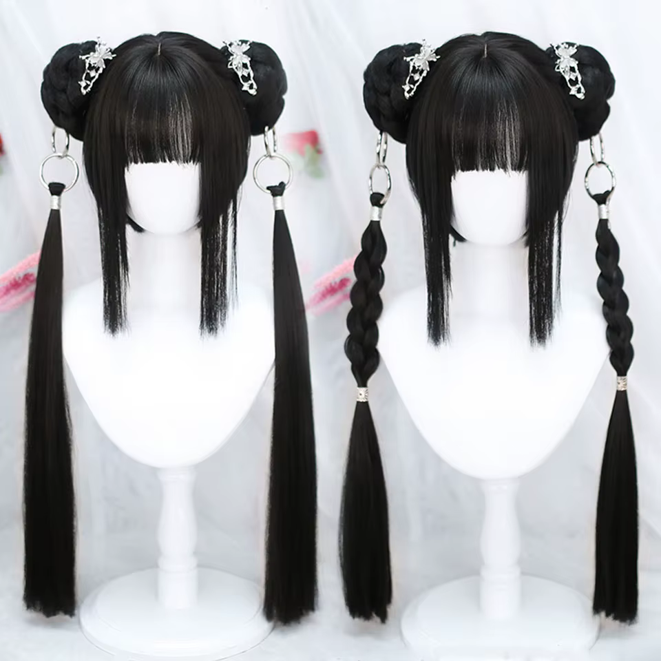 OLACARE perruque synthétique courte droite avec longue queue de cheval Hairbun Lolita Cosplay fête H