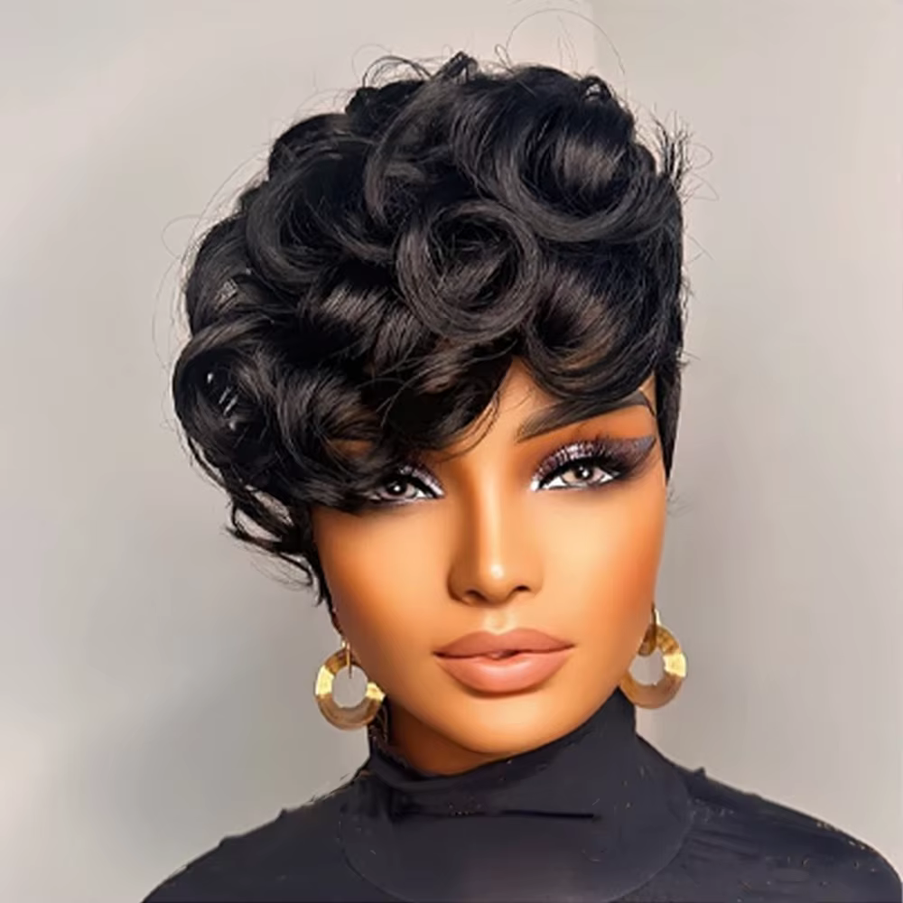 Perruque de cheveux humains coupe lutin 6 "en couches courtes bouclées lâches avec frange Remy cheve