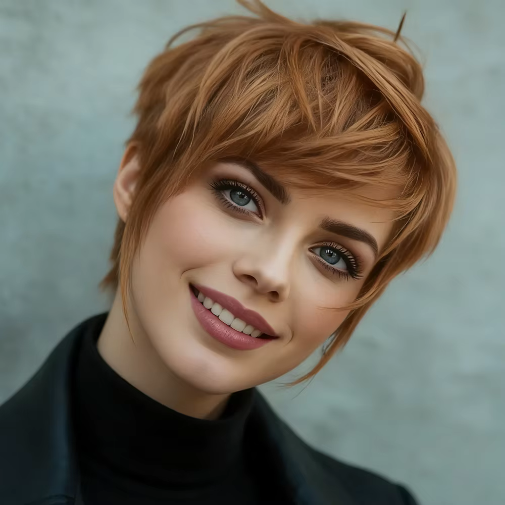 Perruque courte chic dégradée couleur auburn cuivré chaud, en cheveux humains, avec frange brossée,