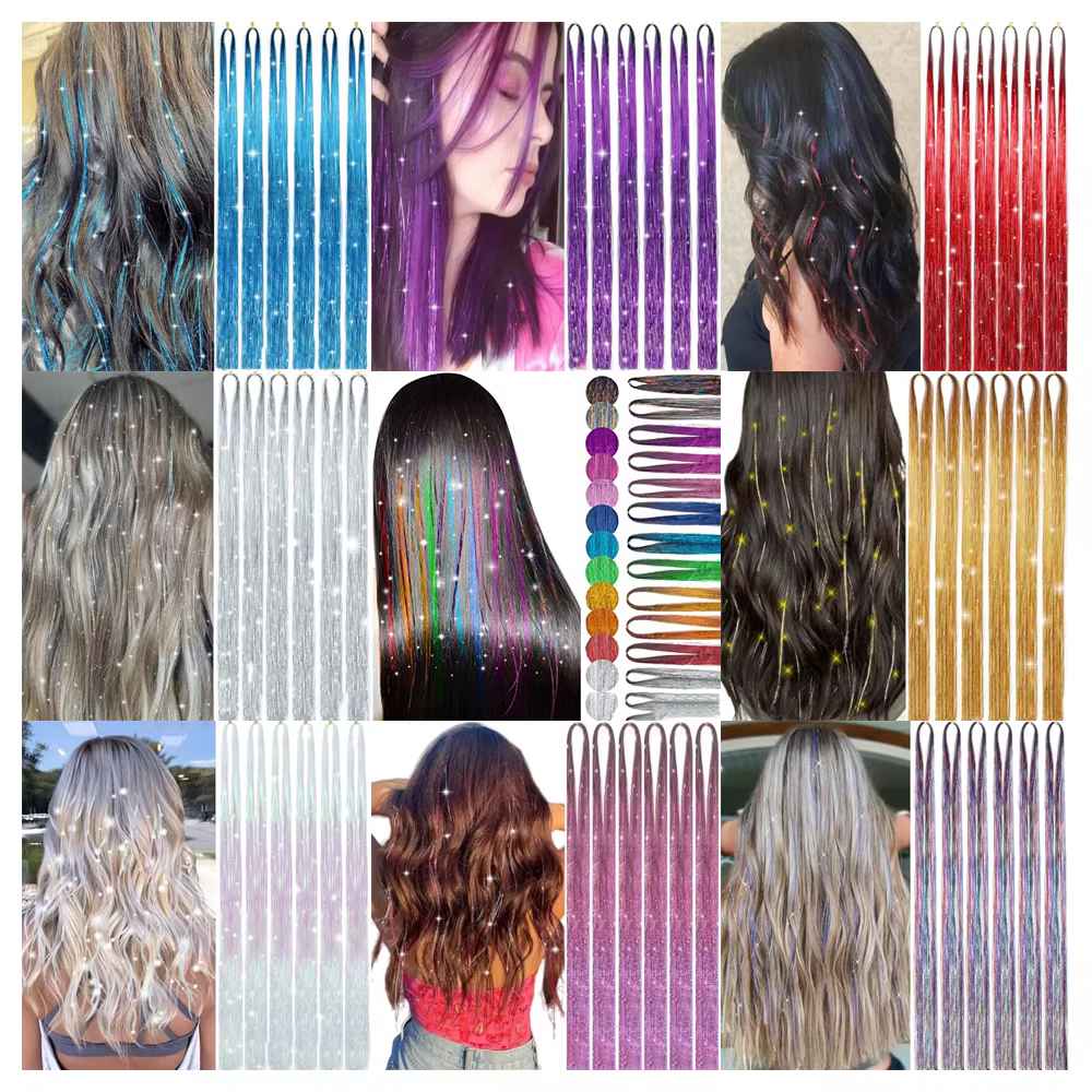 Extensions capillaires synthétiques scintillantes 93/120cm, guirlandes colorées arc-en-ciel, couvre-