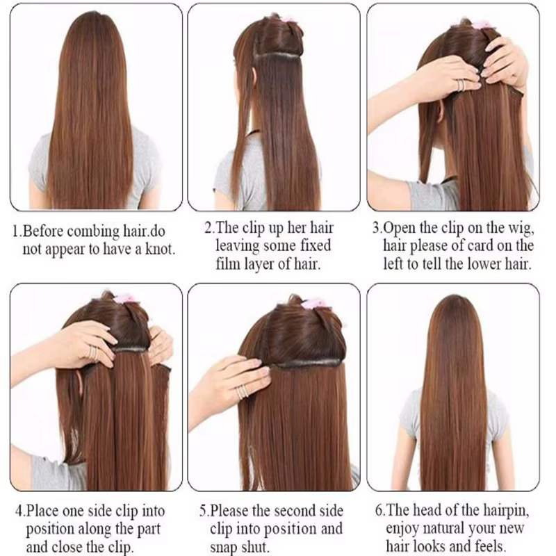 Extensions capillaires synthétiques longues et lisses de 24 pouces, postiche Invisible une pièce à 5
