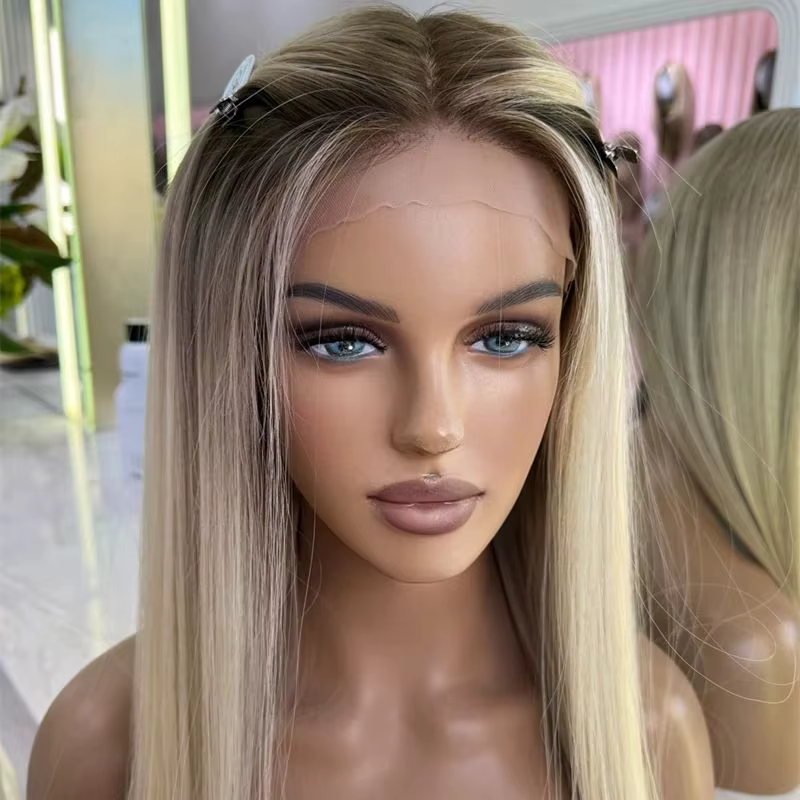 Perruque synthétique longue et droite, ombrée blond cendré avec mèches, pour fête, usage quotidien o