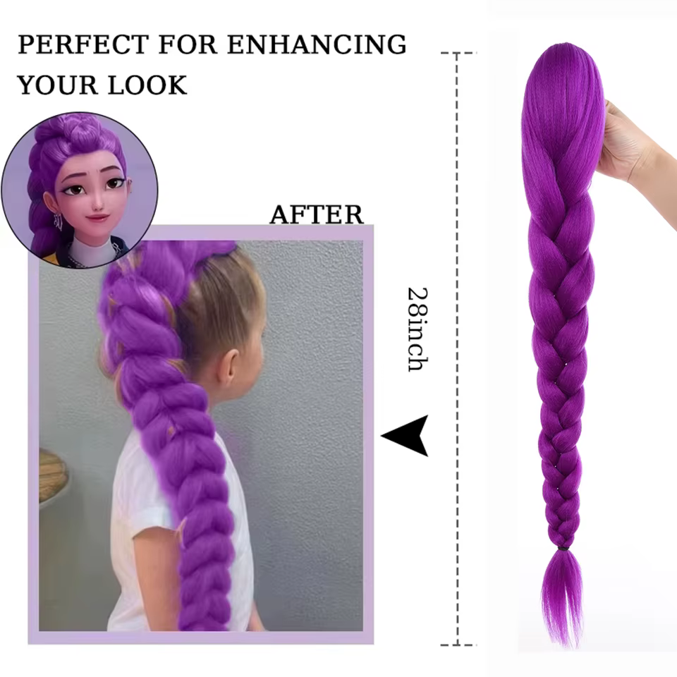 28 pouces cheveux synthétiques longs tressés violet cheveux Extensions de queue de cheval Rumi coiff