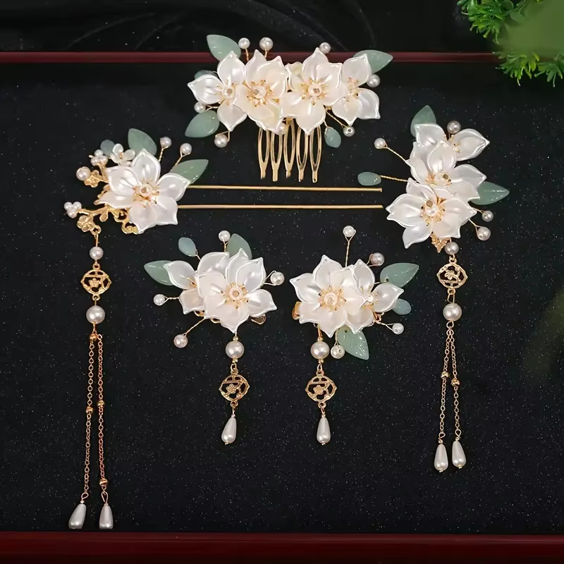 Ensemble de 5 pièces avec motifs floraux et pompons vintage, accessoires pour cheveux Hanfu faits à