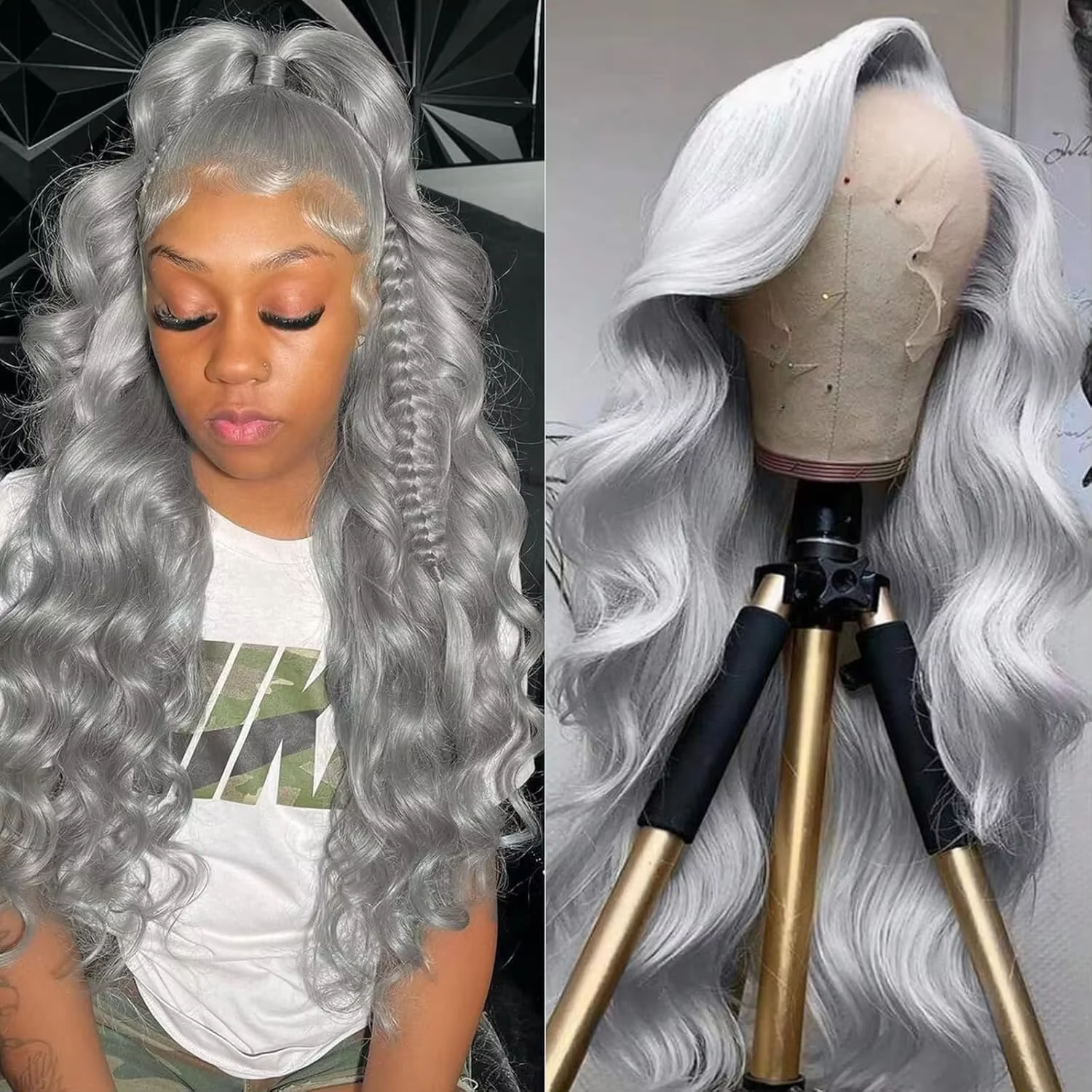 30 pouces 13x6 HD couleur gris argenté vague de corps dentelle avant perruques cheveux humains brési