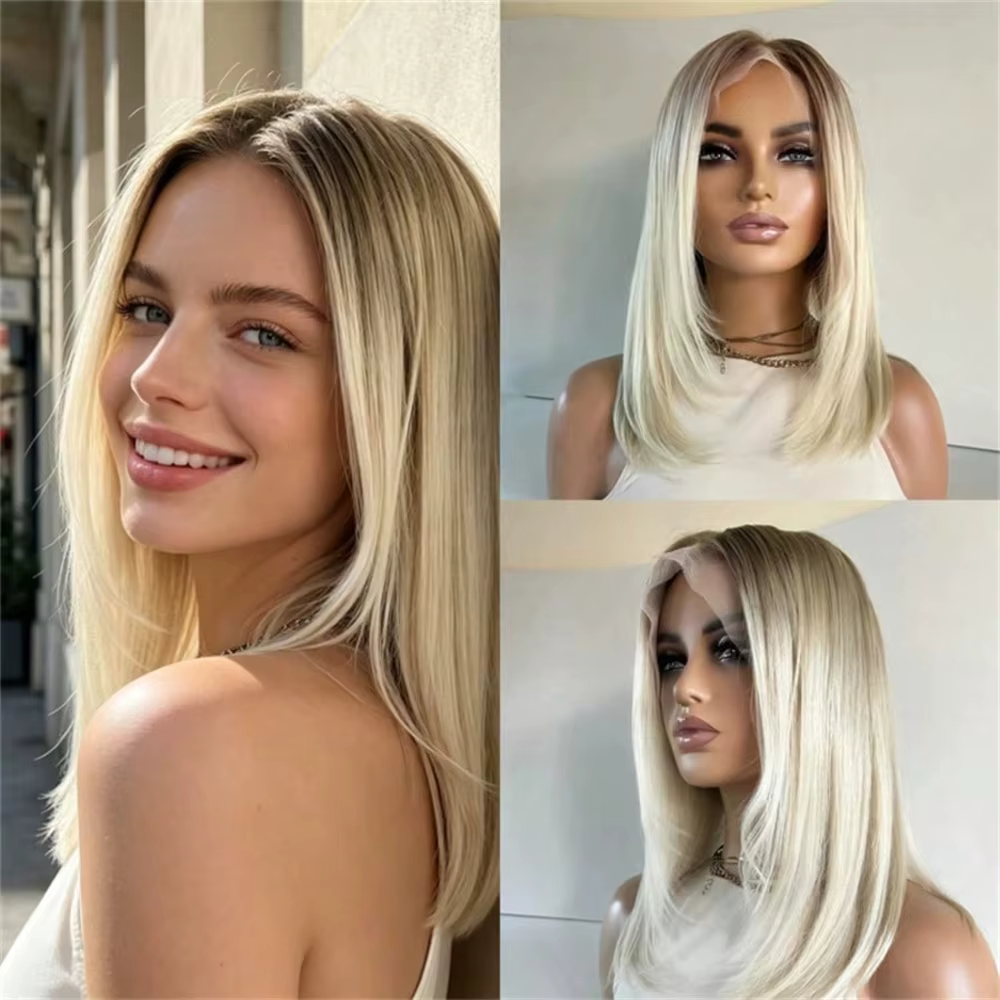 Perruque sans colle Lace Front Synthétique Ombré Blond Crème Clair avec Mèches, Coupe Bob Courte Dro