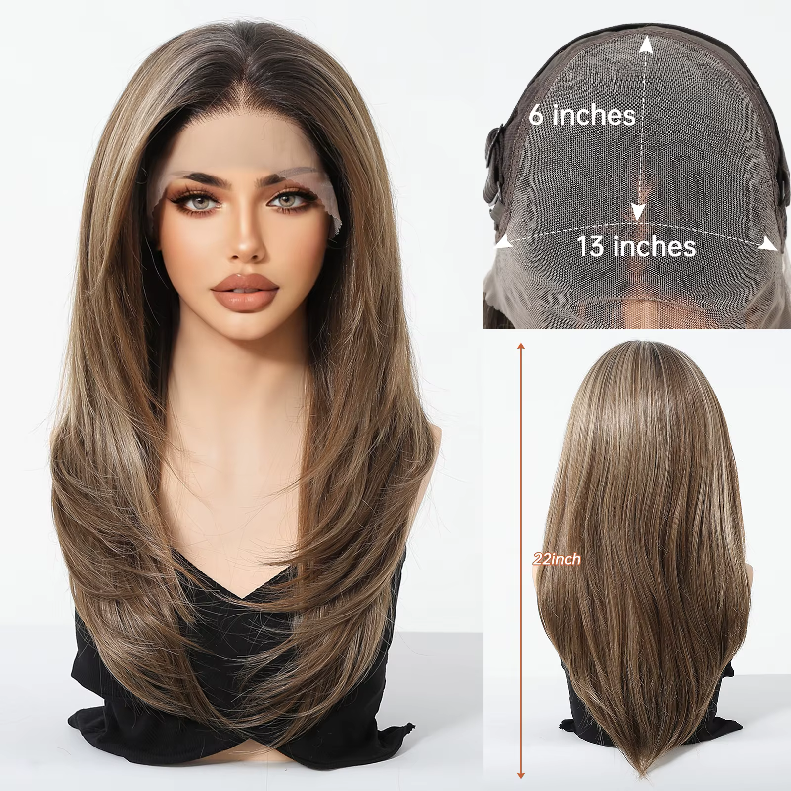 HAIRCUBE – perruque synthétique lisse mixte brune, racines foncées, naissance des cheveux naturelle,