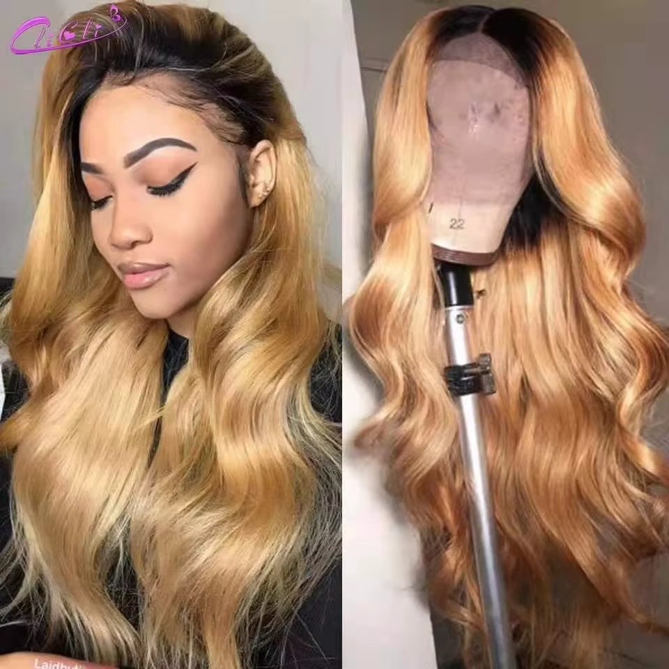 Perruque Lace Frontal Wig Body Wave naturelle, cheveux blond miel ombré, 13x4, 4x4, 180%, pour femme