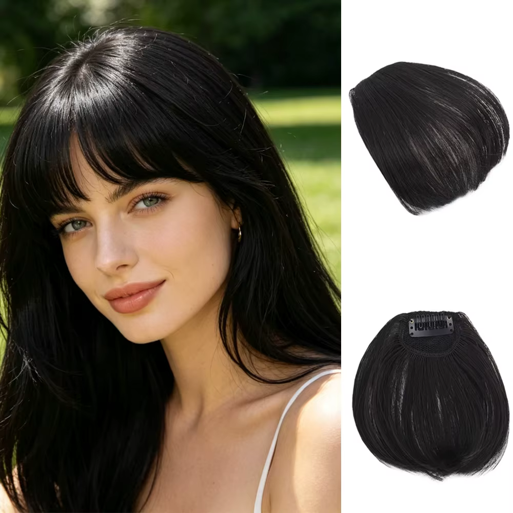 Extensions de cheveux synthétiques bouclées avec frange avant soignée à clipser, frange latérale dro
