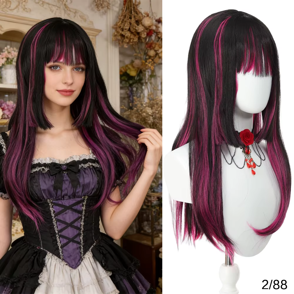 Perruques synthétiques rouges et violettes de 24 pouces pour femmes, coupe Hime, franges, teinture d