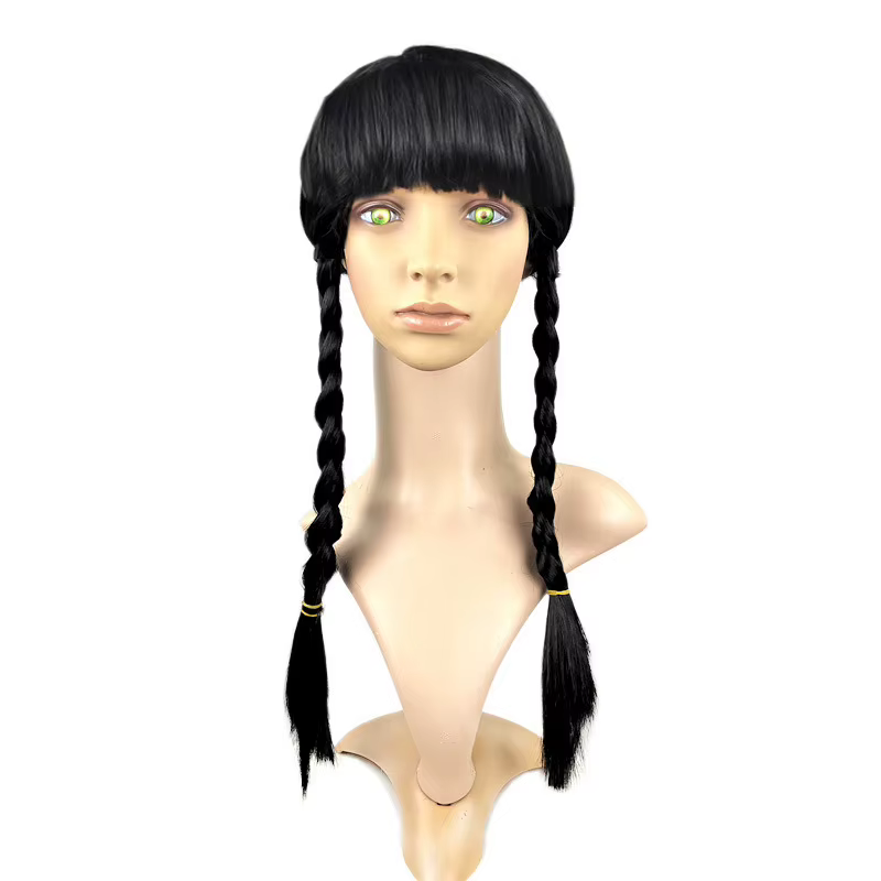 VIP FASHION Girl Halloween Wed. Adddams Cosplay perruque noir Double tresses cheveux partie centrale