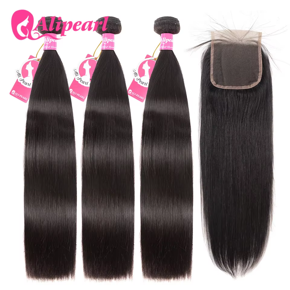 AliPearl cheveux 100% cheveux humains paquets avec 4x4 dentelle fermeture brésilienne cheveux raides